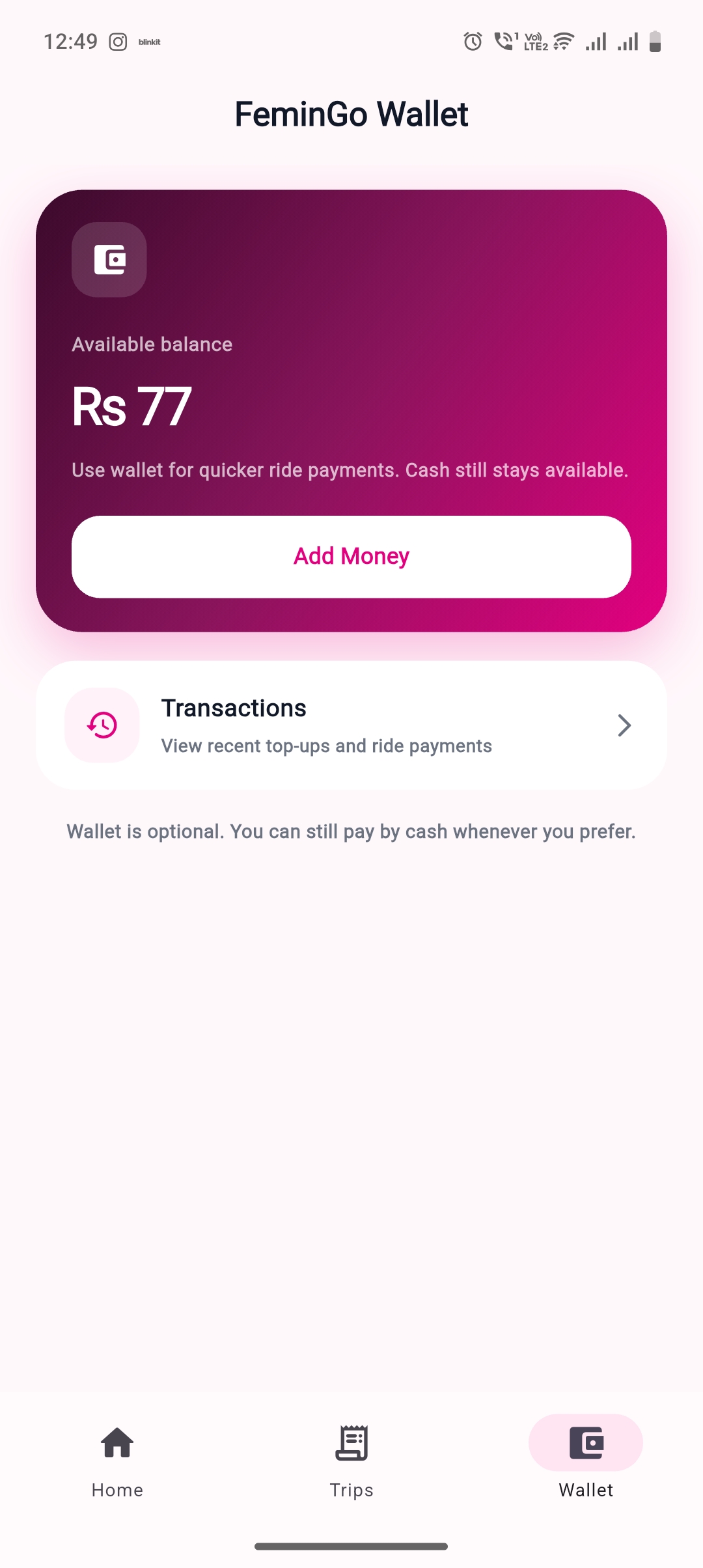 FeminGo wallet app screen